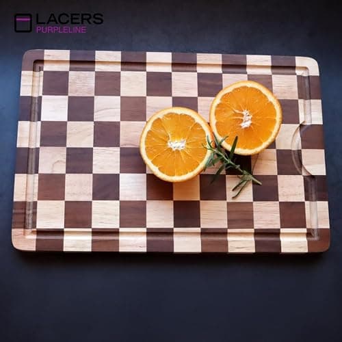 Lacers PurpleLine - Schneidebrett Holz mit Saftrille, Schachmuster Gummibaumholz, Antirutsch-Füße, Küchenbrett 255x385x20mm - Robust & Umweltfreundlich, Perfekt für Fleisch, Gemüse & Brot thumbnail 2