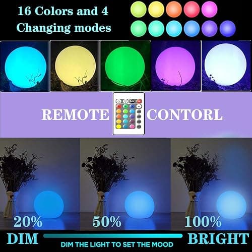 Borelor LED Ball Light, 6-Inch Rechargeable & Remote Control Globe Lights 16 RGB Colors Changing Indoor/Outdoor Night Light for Home/Party/Lawn/Desk Decoration thumbnail 3