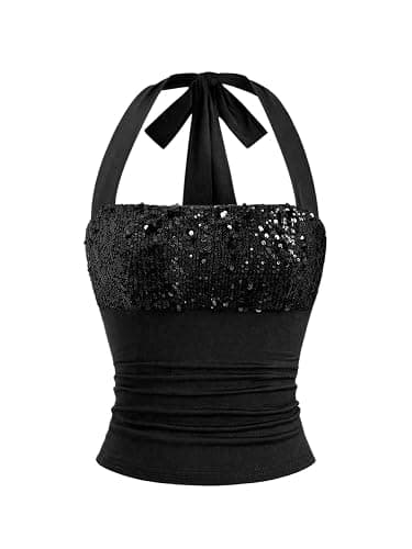 Verdusa Women's Sequin Sparkly Crop Tops Tie Backless Halter Top Rave Outfits - Image 1