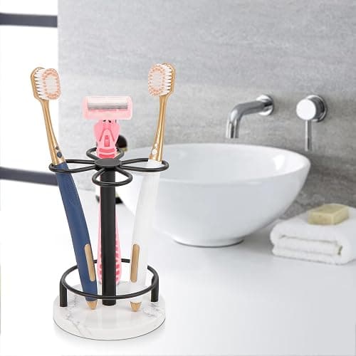 HarJue Toothbrush Holder Stand for Bathroom, Metal Toothbrush Organizer with Marble Base, Toothbrush Storage Collection for Family, Suitable for Home Hotel Countertop Vanity (Small, Matte Black) thumbnail 2