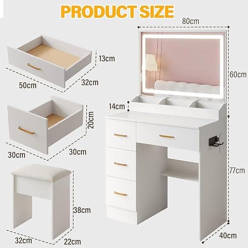 Dressing Table with Mirror and Stool: Vanity Desk with Mirror and Drawers - Makeup Desk with 4 Drawers, Wooden White Bedroom Dressing Table with LED Lights, Brightness Adjustable, 3 Open Storage Areas thumbnail 2