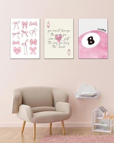 Trendy Pink Bows Canvas Wall Art Set of 3, Vintage Preppy Lucky 8 Ball Wall Decor, Pink Girly Room Aesthetic Posters Prints Painting for College Apartment Living Room Bedroom Framed 12x16 In thumbnail 6