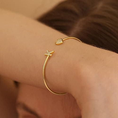 BRIJEWLIC Gold Bracelets for Women Teen Girls, 14K Gold Plated Initial Heart Bangle Bracelet thumbnail 5