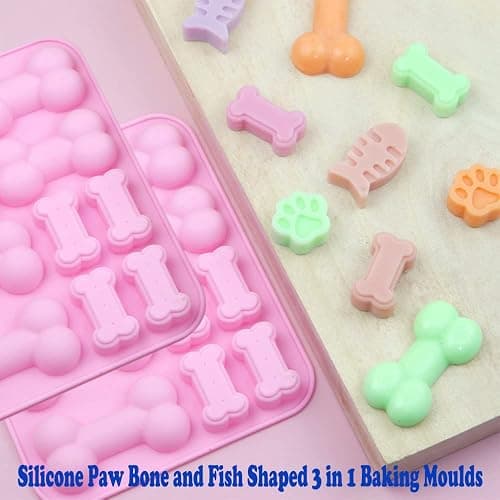 2 PCS Silicone Paw Bone and Fish Shaped 3 in 1 Baking Moulds Pink Non Stick Dog Paw Bone Chocolate Moulds for Cake Cookie Jelly Ice Cube Trays Dog Treats thumbnail 4