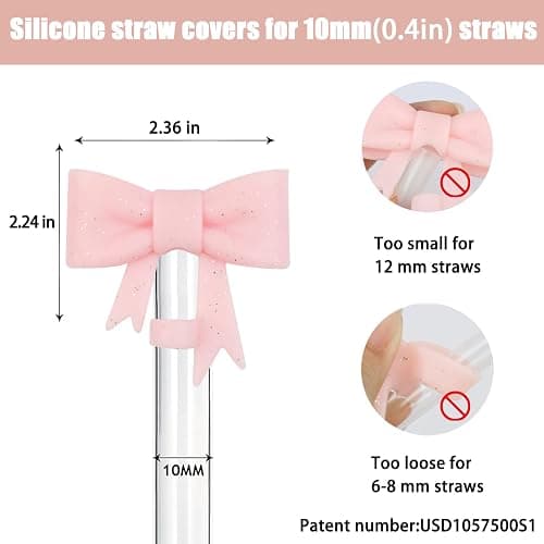 Hpebl 4Pcs Pink Bow Straw Toppers Covers Glitter Stanley Cup Accessories | Dust-Proof Silicone Bow Straw Covers Toppers for Stanley Cups 40/30oz, Shiny Pink Reusable Straws Caps Tips for Tumbler thumbnail 3