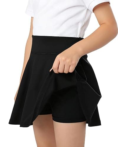 KAKU NANAU Girls‘ Black High-Waisted Skort Tennis Skirt 7-14 Years,Elasticated Quick Dry Sport School Skirt with Built-in Shorts Summer(No Pockets) - Image 1