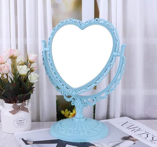 AKOAK Heart-Shaped Cosmetic Mirror - Plastic, Double-Sided, Rotatable, Lightweight - Bathroom & Bedroom Mirror (Blue) thumbnail 2