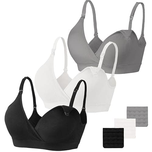 Vinfact 3 Pack Nursing Bras for Breastfeeding Seamless V Neck Maternity Bra Women Pregnancy Breastfeeding Bra - Small - Black/Grey/White - Image 1