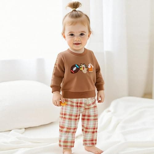 Mobbdow Toddler Baby Boy Thanksgiving Outfit Football Turkey Pumpkin Pie Crewneck Sweatshirt and Plaid Pants Set Fall Clothes thumbnail 4