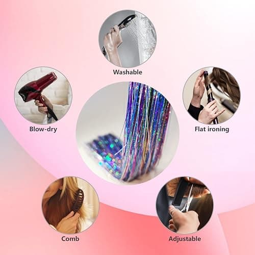 Hair Tinsel Kit with Tools and Instruction Easy to Use 12 Colors 2400 Strands 48 Inches Tinsel Hair Extensions for Women and Girls, Glitter Sparkling Shinny Fairy Hair Accessories for Party thumbnail 6