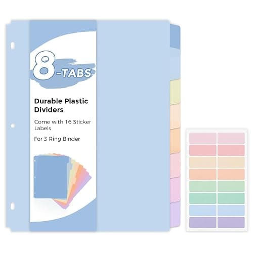 SKYDUE Durable Plastic 8-Tab Dividers, Big Tab Dividers for 3 Ring Binder, Write & Erase 3 Ring Binder Dividers with Tabs, with Sticker Labels, 1 Set, Pastel Color - Image 1