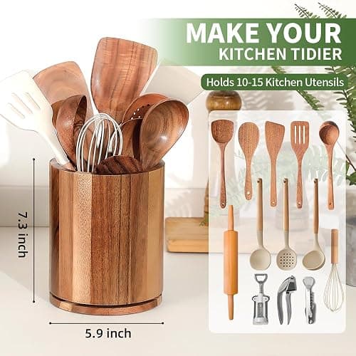 gorsent Wooden Utensil Holder, 360°Rotating 7.3'' Large Utensil Holder for Kitchen Counter, Kitchen Utensil Organizer, Utensil Crock, Farmhouse Kitchens Countertop Decor, Acacia Wood thumbnail 3