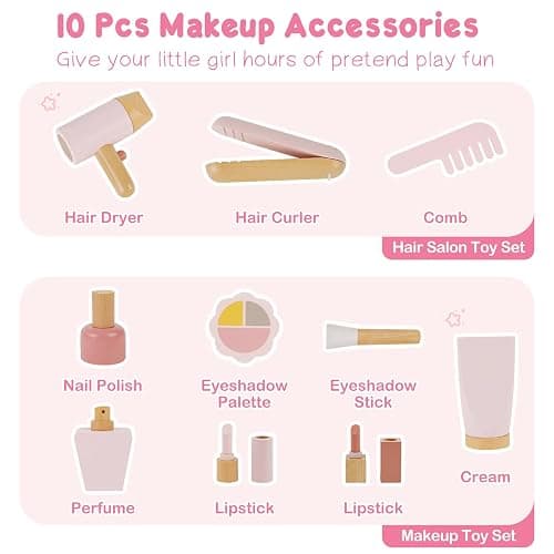 PIIKAGO Wooden Kids Vanity Set with Acrylic Display Case, Pretend Play Toddler Makeup Vanity for Girls, Beauty Salon Set with Makeup Accessories, Little Girls Gift Age 3+ (Pink) thumbnail 4