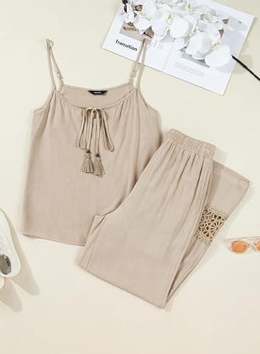 Dokotoo 2 Piece Sets for Women Summer Spaghetti Strap Tie Knot Top Lace Wide Leg Pants Set thumbnail 4