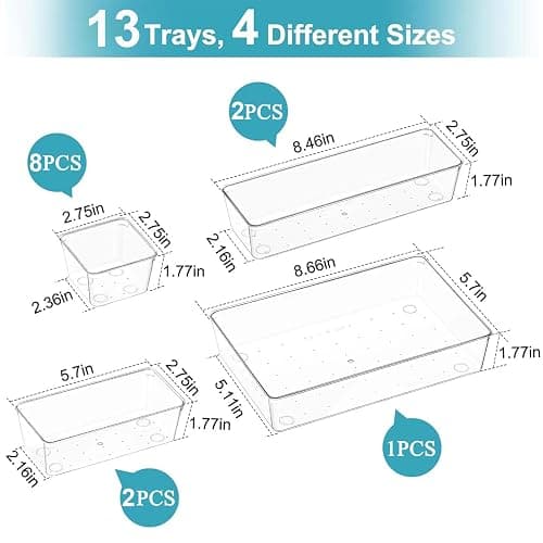 Manalete Drawer Organizers Set of 13, 4 Sizes Clear Plastic Drawer Organizers and Storage Bins for Kitchen, Bathroom, Office, Dresser Desk Drawer Organizer Tray for Jewelry, Makeup, Junk, Gadgets - 13 thumbnail 2