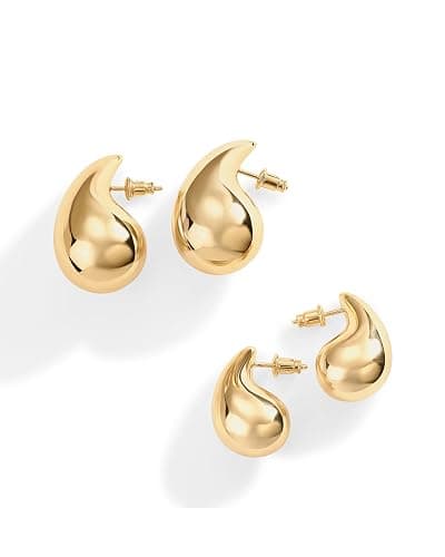 PAVOI 14K Gold Plated 925 Sterling Silver Post Teardrop Chunky Hoop Earrings - Lightweight Drop Earrings for Women - Designer Dupe thumbnail 3