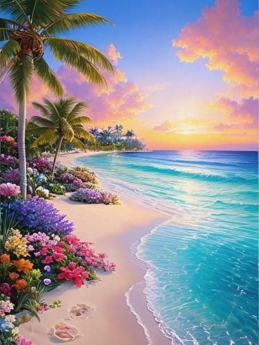 eniref Diamond Art Kits for Adults,Beach Sunset DIY 5D Round Full Drill Diamond Painting Gem Art Kits for Crafts Gift and Home Wall Decor,Flowers Coconut Trees Sea Diamond Dots Kit 12x16 Inch - Image 1