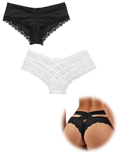 ohmydear Womens Sexy Cheeky Panties Lace Thongs Hipster Back Crisscross Strappy Underwear Plus Size Bikini Briefs XS-4XL - Image 1