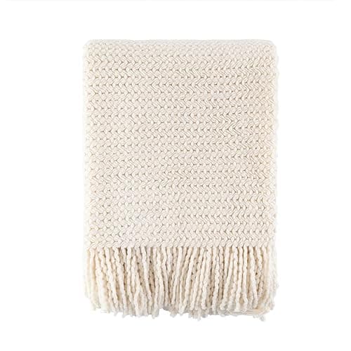 BATTILO HOME White Throw Blanket for Couch, Lightweight Cream Knitted Throw for Sofa Bed Home Decor Textured Soft Cozy Throw with Tassels Suitable All Seasons 50"x60" thumbnail 8