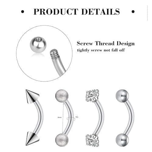 Suotarn 47pcs 16G Stainless Steel Eyebrow Piercing Rings Clear CZ Curved Barbell Helix Daith Rook Earrings Piercing Body Jewelry for Women Men thumbnail 3