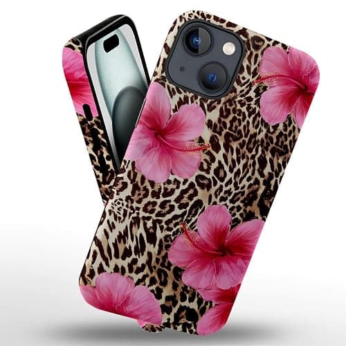 Case Compatible with iPhone 15 Plus,Scratch Resistant Hybrid 2-Layer Hard Shell Phone Case,Leopard Pink Hibiscus Tropical Floral - Leopard Pink Hibiscus Tropical Floral - iPhone 15 Plus thumbnail 2