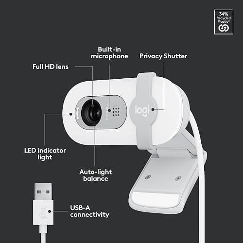 Logitech Brio 100 Full HD 1080p Webcam for Meetings, Streaming, Desktop, Laptop, PC - Built-in Mic, Shutter, Works with Zoom, Microsoft Teams, Nintendo Switch 2’s New GameChat Mode-Off -White thumbnail 6