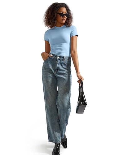 SUUKSESS Women Double Lined Fitted Basic Tee Crew Neck Short Sleeve Y2K Crop Top thumbnail 6