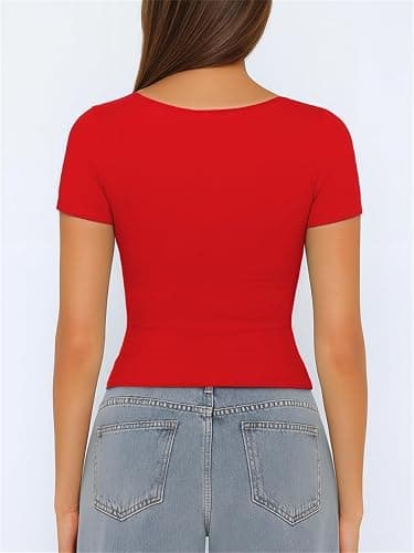ForeFair Women's Square Neck Going Out Tops Double Lined Short Sleeve Basic Tight Tee Shirts thumbnail 4