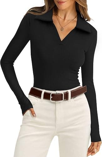 WIHOLL Womens Polo Shirts Long Sleeve Business Casual Tops Collared V Neck Ribbed Knit Sweater Slim Fit Blouses - Image 1