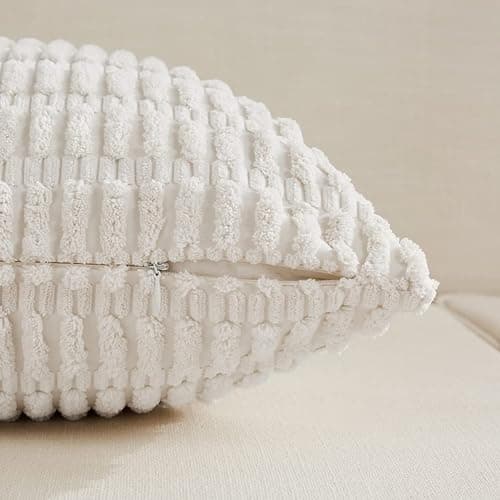 Fancy Homi 2 Packs Pure White Decorative Throw Pillow Covers 18x18 Inch for Living Room Couch Bed Sofa, Rustic Farmhouse Boho Home Decor, Soft Striped Corduroy Square Cushion Case 45x45 cm thumbnail 3