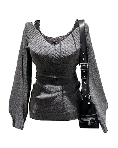 Women Vintage Coquette V-Neck Slim Fit Sweater Y2K Aesthetic Long Sleeve Knitted Pullovers Top - Image 1