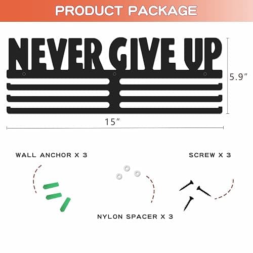 Bliocefo Medals Hanger Holder Display Steel Rack Hooks 15 inches Wall Mount Frame Over 60 Medals-Sports Medal Hook Storage Organizer Never Give Up Ribbon with Easy Hanging Bars Black 3 Lines thumbnail 2