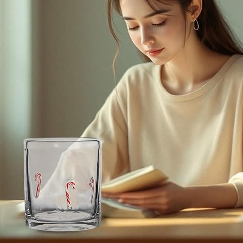 GEVPWj Christmas Icon Glasses Drinkware - 14 oz Stemless Juice Glass Cup with Snowman Snowflake Candy Canes Old Fashioned Hand Blown Drinking Cups for Xmas Party Gifts (Red) thumbnail 6