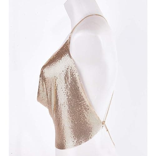 Gold Sexy Tops for Women Sparkly Deep V Neck Crop Tank Tops Cami Body Chain Top thumbnail 3