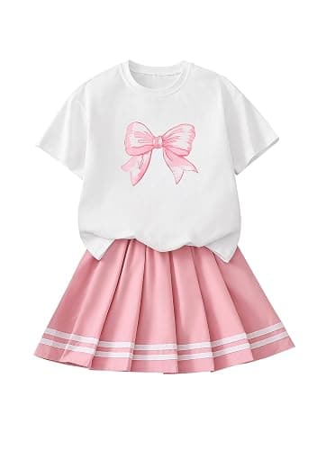 Ecolala Girls 2 Piece Summer Outfits Cute Graphic Short Sleeve Tops and Pleated Skirt Set - Image 1