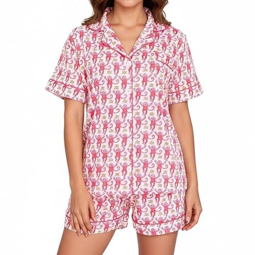 Cedemtuni Cute Pajama Sets for Women 2 Piece Y2k Monkey Button Down Pjs Holiday Sleepwear - Image 1
