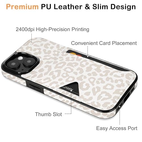 uCOLOR for iPhone 13 14 15 Case with Card Holder- Slim Leather Wallet Case Credit Card Holder Drop Protective Hidden Card Slot Cover for Woman Man (Beige Leopard, iPhone 15/14/13) thumbnail 4