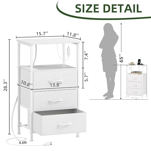 Somdot White Nightstand with Charging Station and LED Light for Bedroom, Tall 3 Drawers Dresser with Fabric Bins for Bedside Kids Dorm Room Closet Laundry Entryway, White Leather thumbnail 3