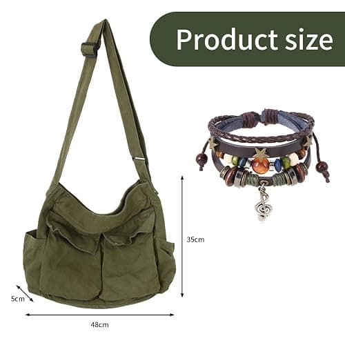 Canvas Messenger Bag for Women, Grunge Bag with Fairy Grunge Bracelet, Crossbody Bag with Bracelets Fairy Grunge Clothes thumbnail 4