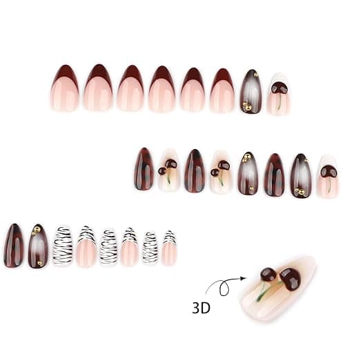 Brown Press On Nails Almond Shape, Glossy Red Gradient with Cherry, Leopard Print & Gold Studs, Luxury Handmade Look Full Cover False Nails for Women, Reusable, 24PCS thumbnail 3