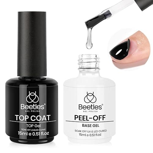 Beetles Peel Off Base Coat and Top Coat Gel Nail Polish Set, 2Pcs 15ml Peelable Base Gel and Top Coat Easy Removal, UV LED Lamp Peel off Nail Polish without Damage for Beginners Weak Thin Nails - Image 1