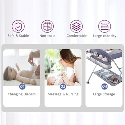 EGREE Baby Changing Table Portable Folding Diaper Changing Station with Wheels, Adjustable Height Mobile Nursery Organizer with Safety Belt and Large Storage Racks for Newborn Baby and Infant, Gray thumbnail 5