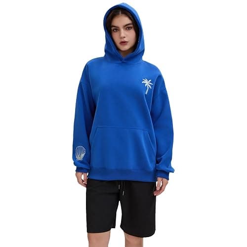 TUETENI Pink Embroidered Palm Tree Hooded Sweatshirt Cute Girls Oversized Sweatshirt Hibiscus Flower Printed Cotton Top thumbnail 2
