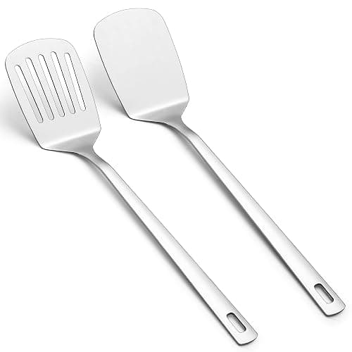 Kyraton Spatules en acier inoxydable, Tournebroche argenté, Tournebroche solide, Spatules de cuisine pour ustensiles de cuisine antiadhésifs, Lavable au lave-vaisselle, Facile à nettoyer - Image 1