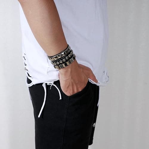 JAZTAKU Unisex Punk Leather Bracelet Spike Cuff Bracelet 80s Studded Wristband for Biker Hip Hop Punk Accessories thumbnail 2