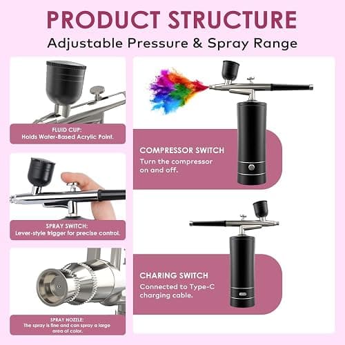 Airbrush Kit with Compressor, Bornbyme Airbrush for Nails Paint Sprayer DIY Air Brush Spray Gun for Painting, Ombre Nails, Makeup, Cake Baking, Barber and Tattoo, Black thumbnail 4