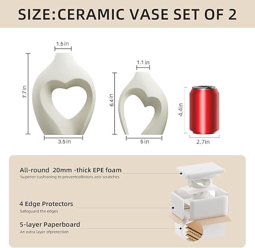 White Ceramic Flower Vase Home Table Decor Heart Shaped Vase Set of 2 | Boho Heart Shaped Minimalist Decorative Vases for coffee Table Centerpiece Wedding Dining Living Room Office House Decoration thumbnail 2