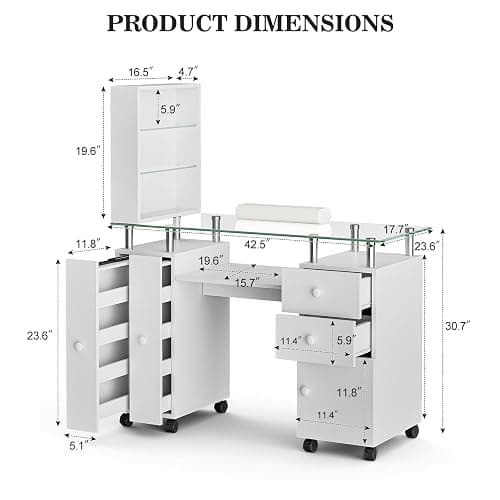 Paddie Manicure Table Nail Desk for Technician, Acetone Resistant Nail Tech Table Nail Table Station w/Glass Desktop, Wrist Cushion, 3-Tiers Shelves, Lockable Wheels & Cabinet (White) thumbnail 2