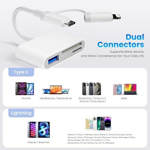 USB C to SD Card Reader for iPhone 15/16/17, Dual Connector (Lightning&USB-C) Lightning SD Card Reader for iPhone USB Adapter OTG Type C Memory Card Reader, Camera Viewer for iPhone 14/13/8/7 thumbnail 4