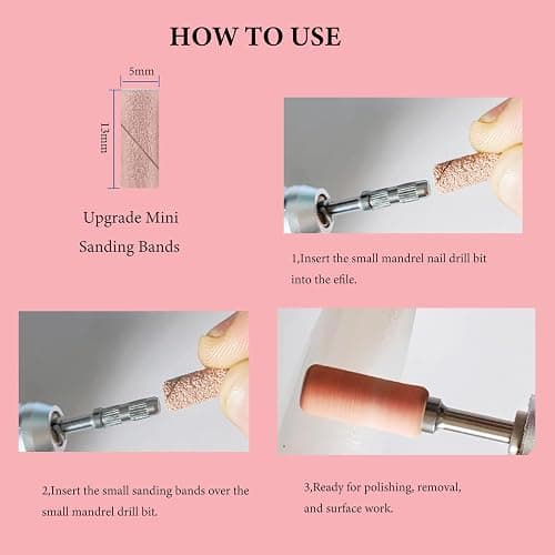BITNBITH 100pcs Small Nail Sanding Bands, 3.1mm Mini Nail Sanding Mandrel Bits 240 Grit Extreme Fine Nail Drill Bits for Nail File Acrylic Nails Gel Manicure Pedicure Nail Prep Salon Supplies,Pink thumbnail 4